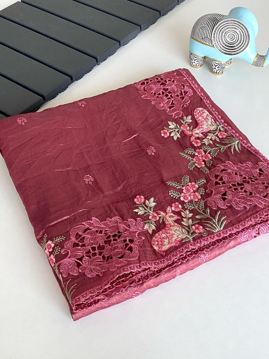 Lagniappe Wine Embroidery Work Crush Silk Saree With Sempiternal Blouse Piece