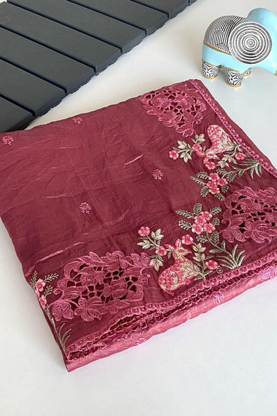 Lagniappe Wine Embroidery Work Crush Silk Saree With Sempiternal Blouse Piece