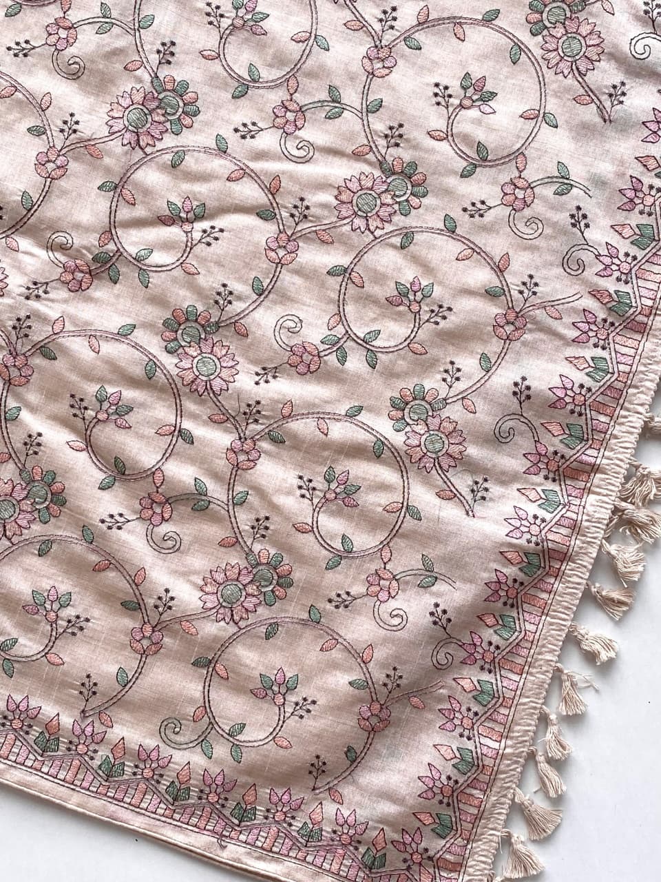 Scintilla Beige Embroidery Work Tussar Silk Saree With Splendiferous Blouse Piece