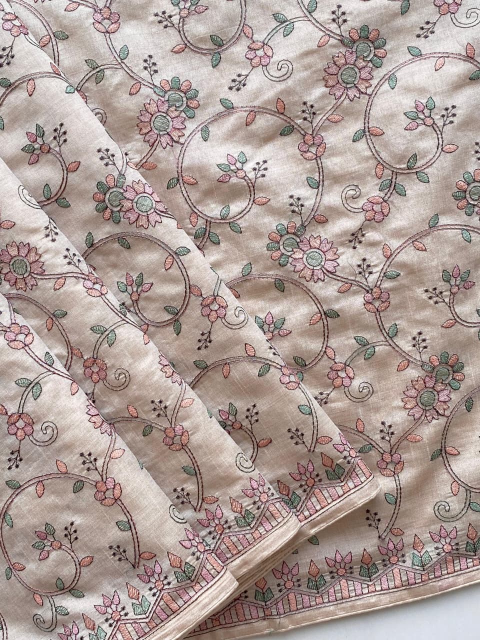 Scintilla Beige Embroidery Work Tussar Silk Saree With Splendiferous Blouse Piece