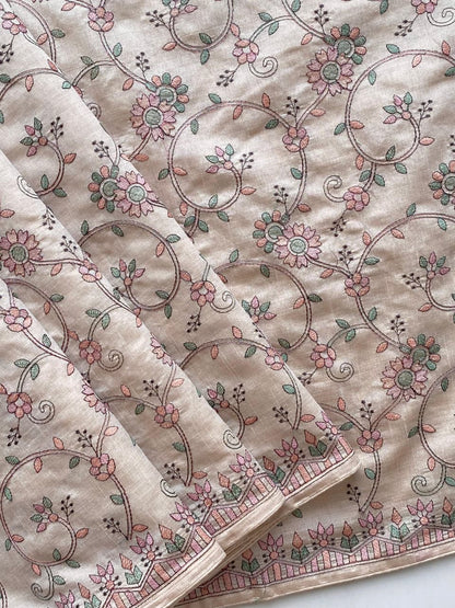 Scintilla Beige Embroidery Work Tussar Silk Saree With Splendiferous Blouse Piece