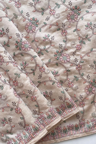 Scintilla Beige Embroidery Work Tussar Silk Saree With Splendiferous Blouse Piece