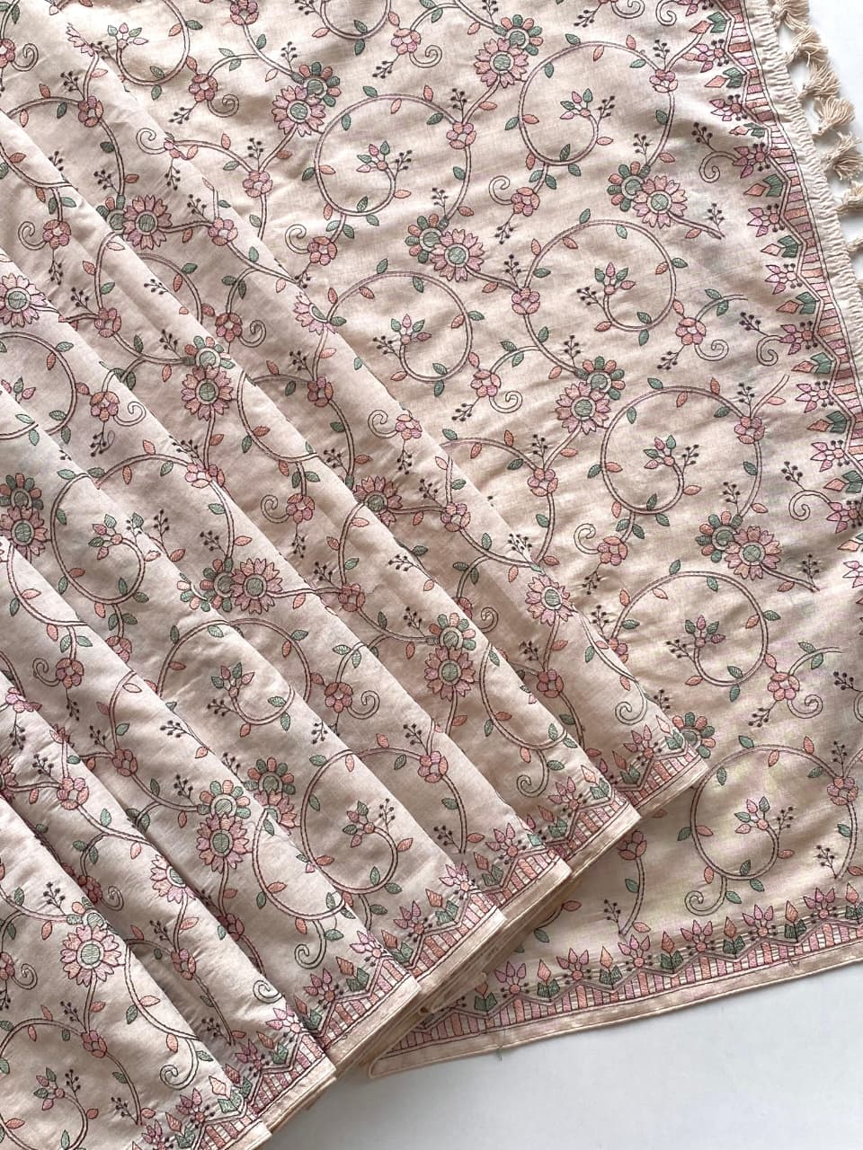 Scintilla Beige Embroidery Work Tussar Silk Saree With Splendiferous Blouse Piece