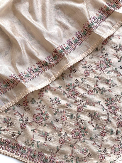 Scintilla Beige Embroidery Work Tussar Silk Saree With Splendiferous Blouse Piece