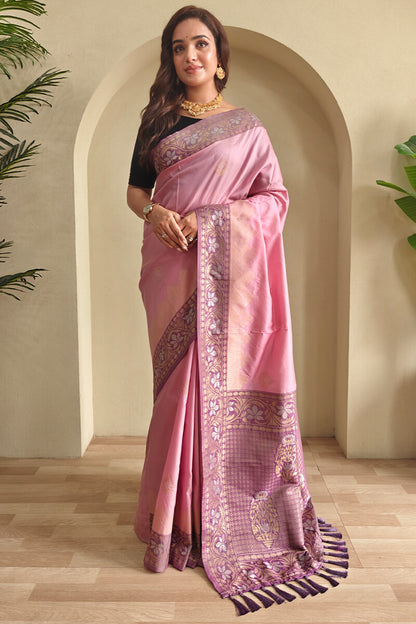 Stunning Baby Pink Soft Banarasi Silk Saree With Precious Blouse Piece