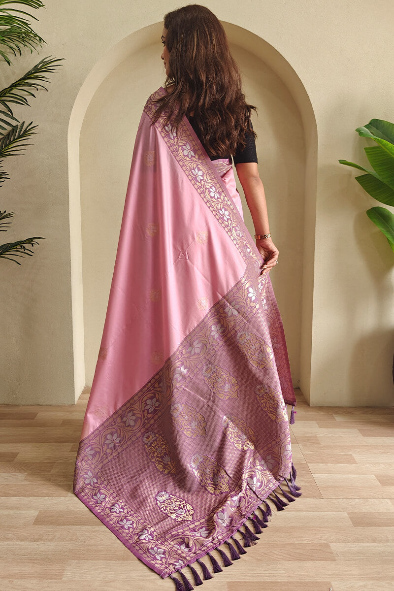 Stunning Baby Pink Soft Banarasi Silk Saree With Precious Blouse Piece