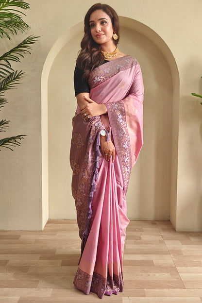 Stunning Baby Pink Soft Banarasi Silk Saree With Precious Blouse Piece