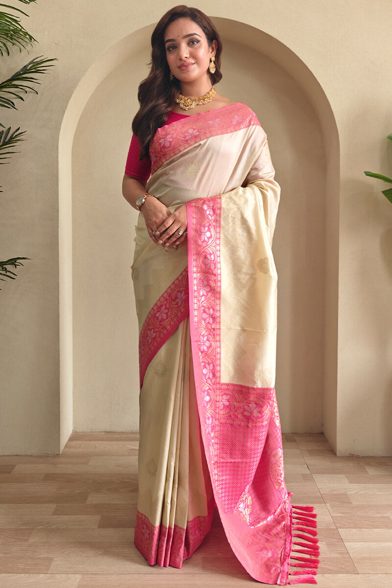 Flaunt Beige Soft Banarasi Silk Saree With Wonderful Blouse Piece