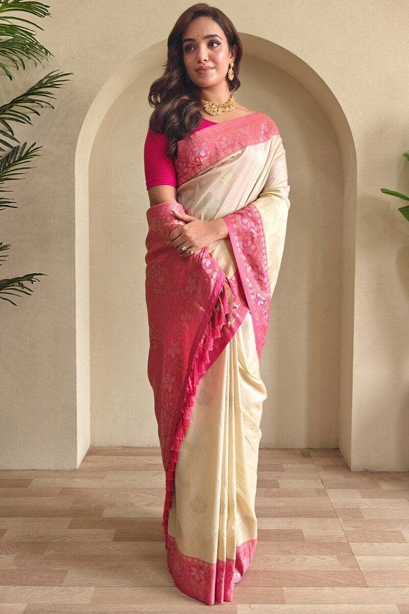 Flaunt Beige Soft Banarasi Silk Saree With Wonderful Blouse Piece