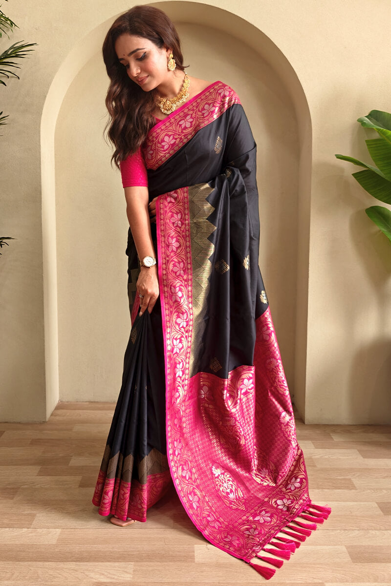 Alluring Black Soft Banarasi Silk Saree With Deserving Blouse Piece