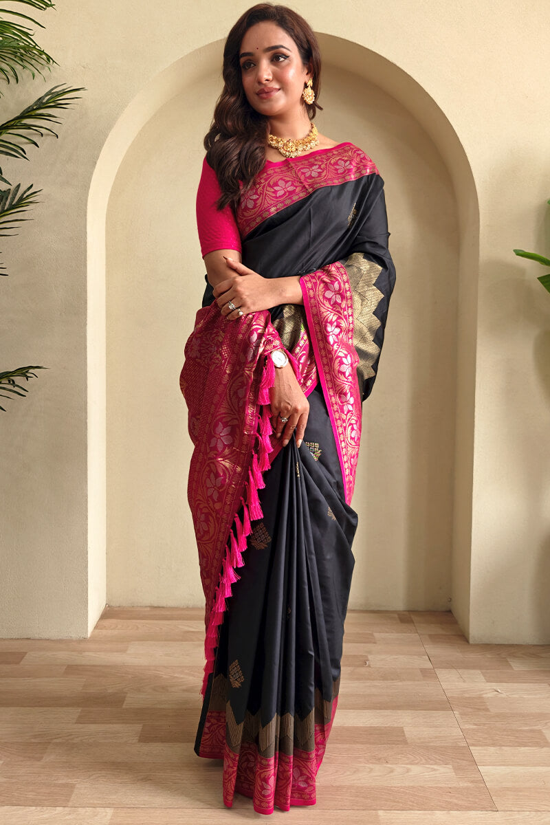 Alluring Black Soft Banarasi Silk Saree With Deserving Blouse Piece