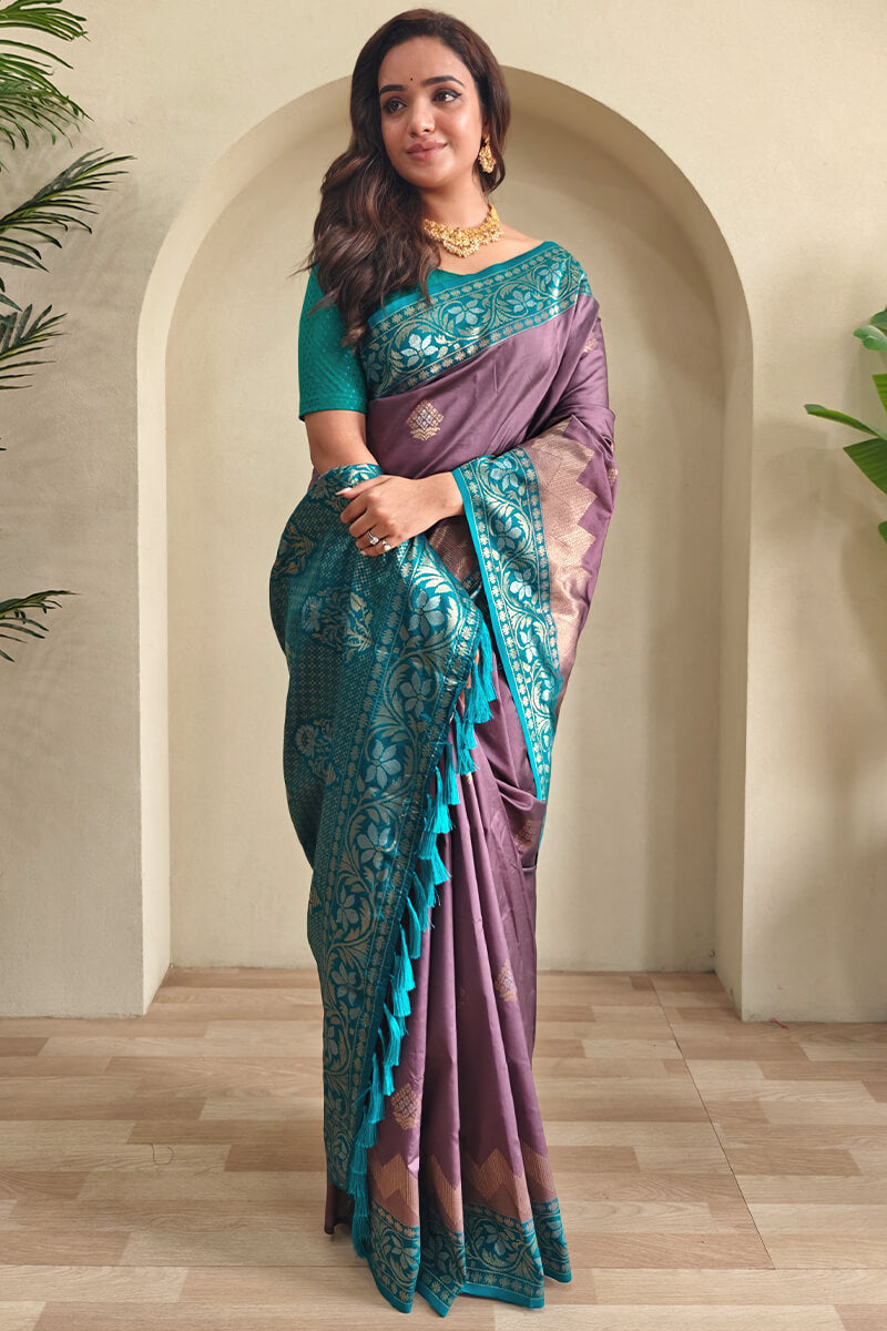 Demanding Brown Soft Banarasi Silk Saree With Glowing Blouse Piece