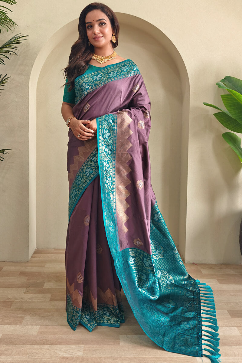 Demanding Brown Soft Banarasi Silk Saree With Glowing Blouse Piece