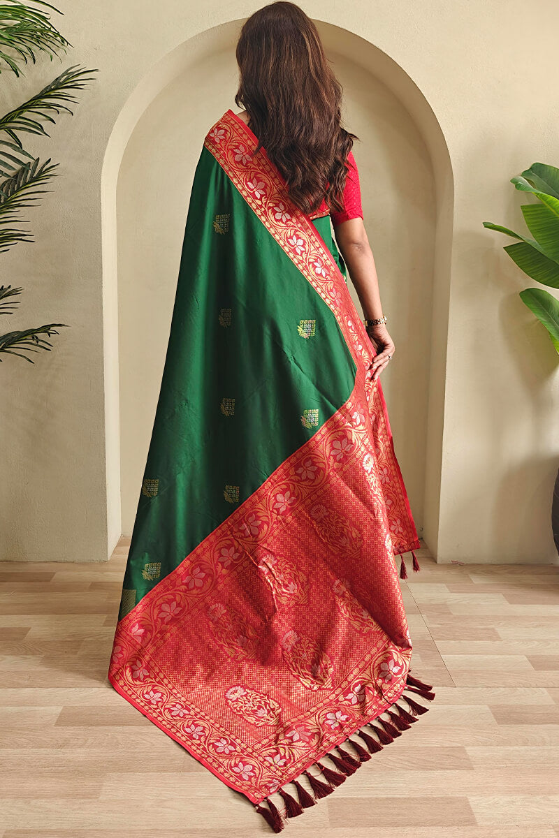 Radiant Dark Green Soft Banarasi Silk Saree With Hypnotic Blouse Piece