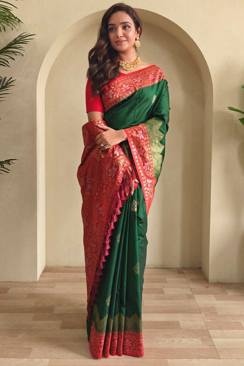 Radiant Dark Green Soft Banarasi Silk Saree With Hypnotic Blouse Piece
