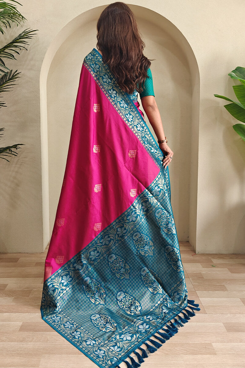 Blissful Dark Pink Soft Banarasi Silk Saree With Fancifull Blouse Piece