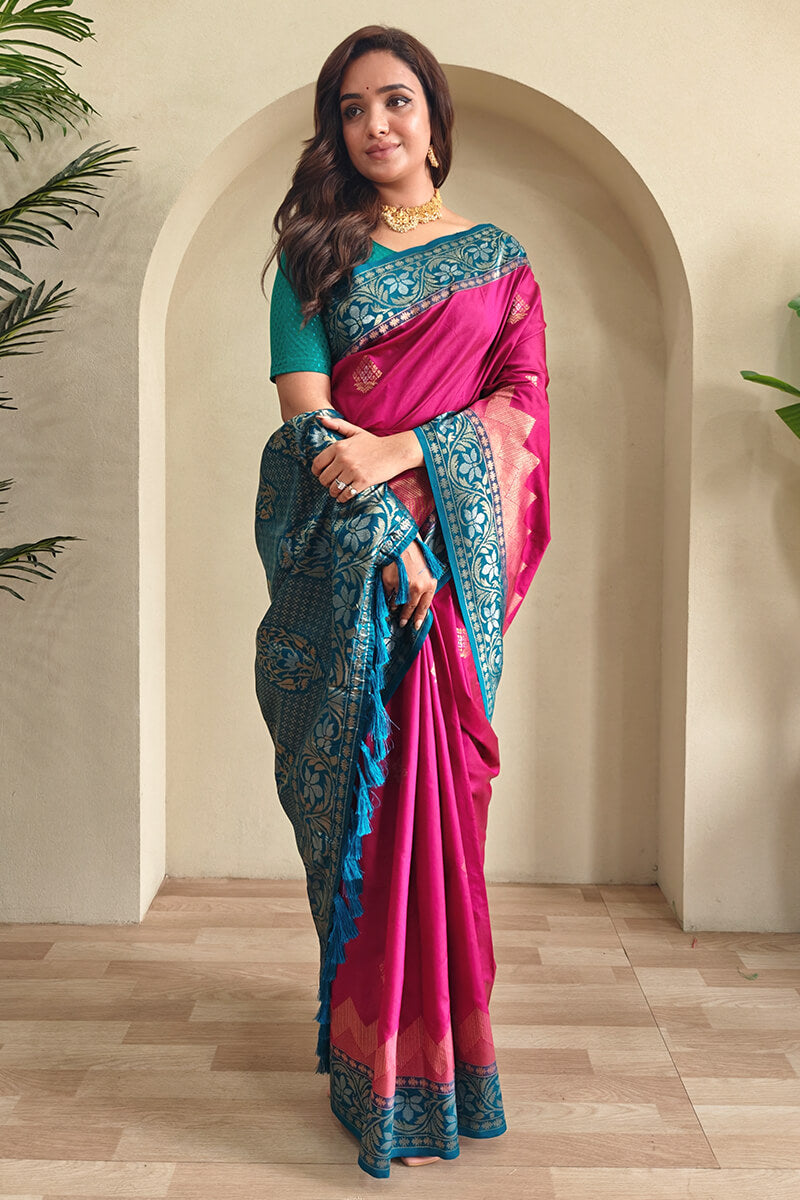 Blissful Dark Pink Soft Banarasi Silk Saree With Fancifull Blouse Piece