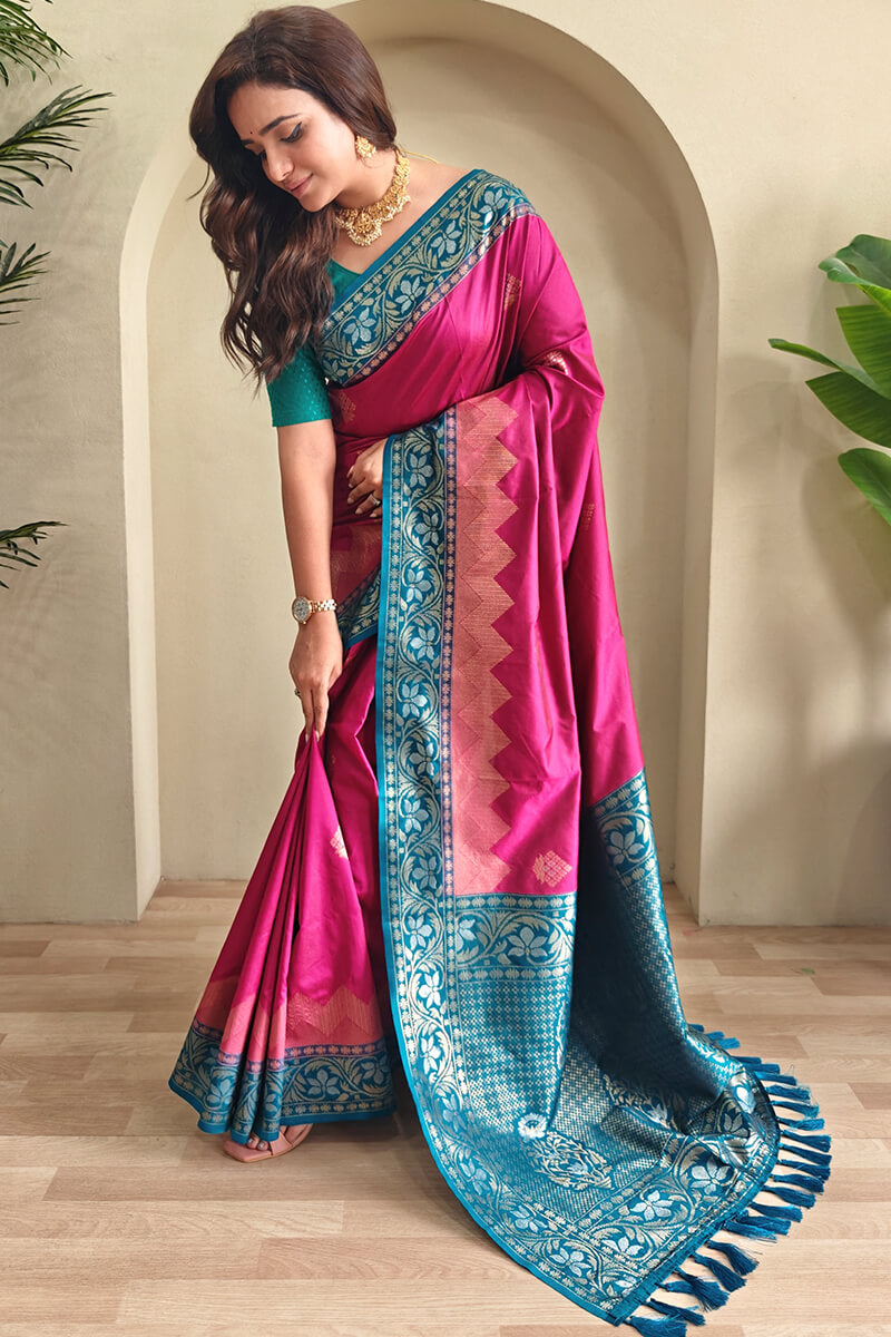 Blissful Dark Pink Soft Banarasi Silk Saree With Fancifull Blouse Piece