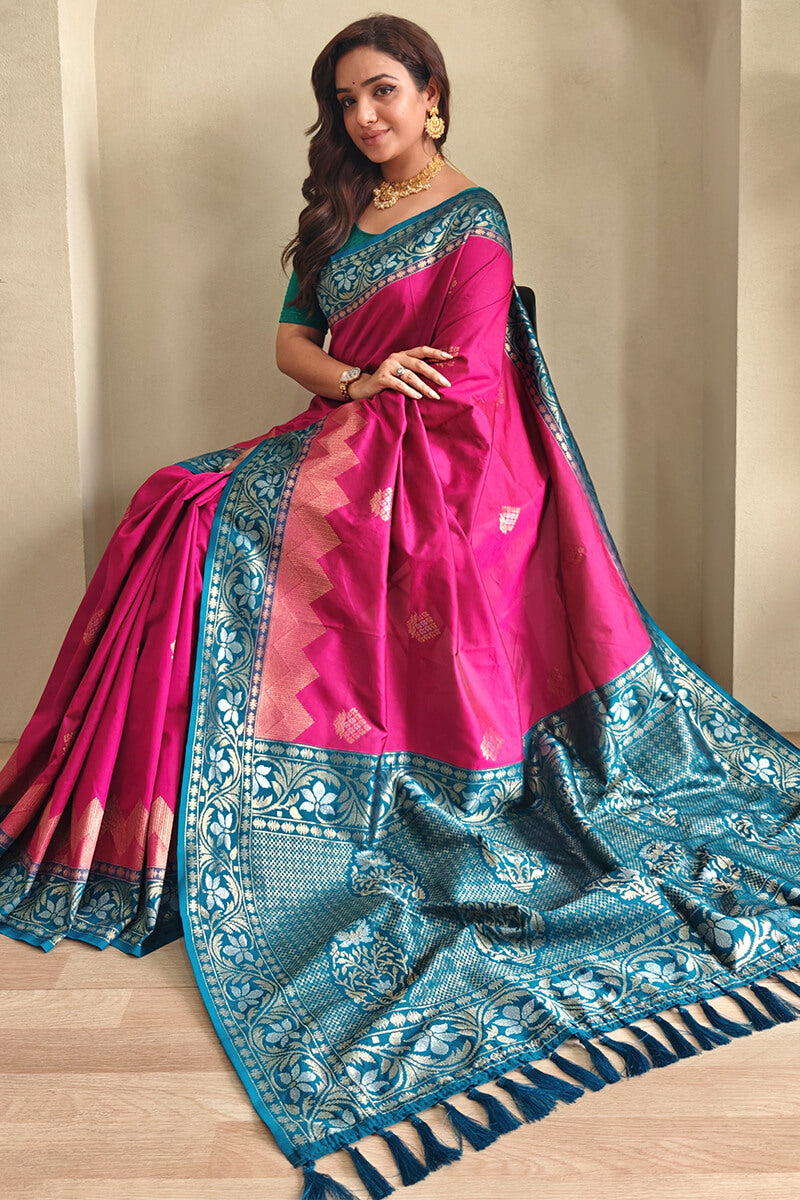 Blissful Dark Pink Soft Banarasi Silk Saree With Fancifull Blouse Piece