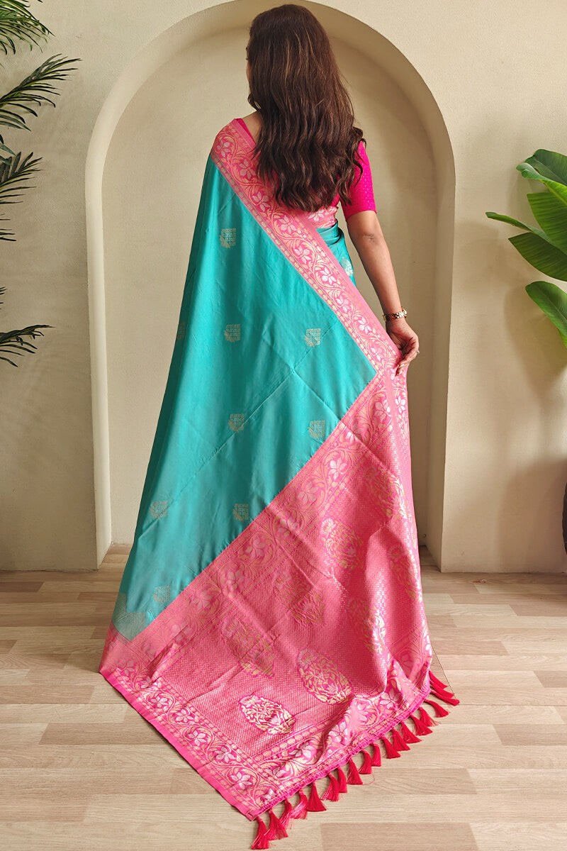 Pleasant Firozi Soft Banarasi Silk Saree With Classic Blouse Piece