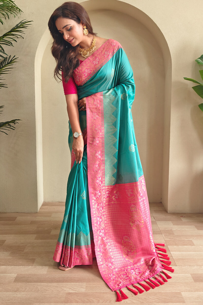 Pleasant Firozi Soft Banarasi Silk Saree With Classic Blouse Piece