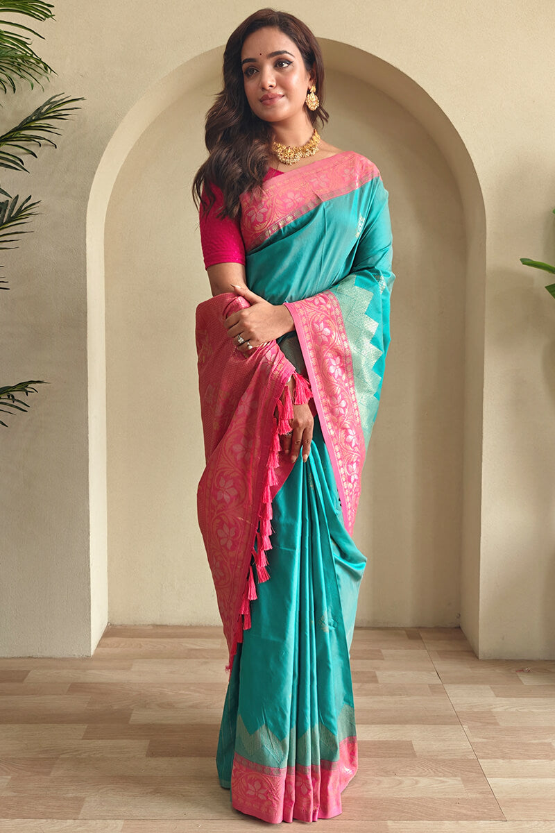Pleasant Firozi Soft Banarasi Silk Saree With Classic Blouse Piece