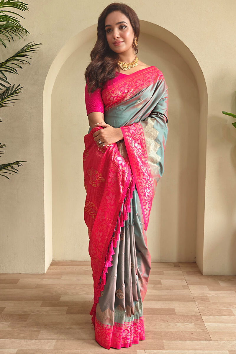 Comely Grey Soft Banarasi Silk Saree With Cynosure Blouse Piece