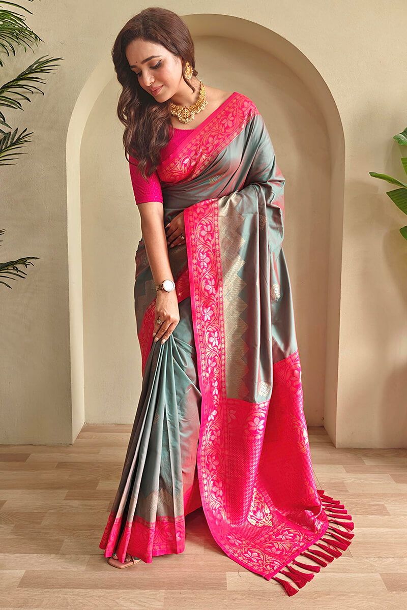 Comely Grey Soft Banarasi Silk Saree With Cynosure Blouse Piece