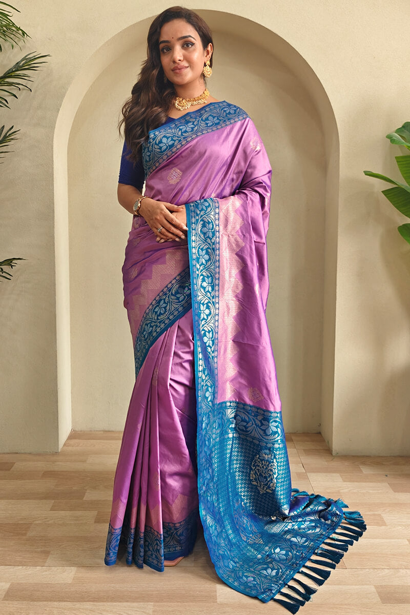Demure Lavender Soft Banarasi Silk Saree With Evocative Blouse Piece