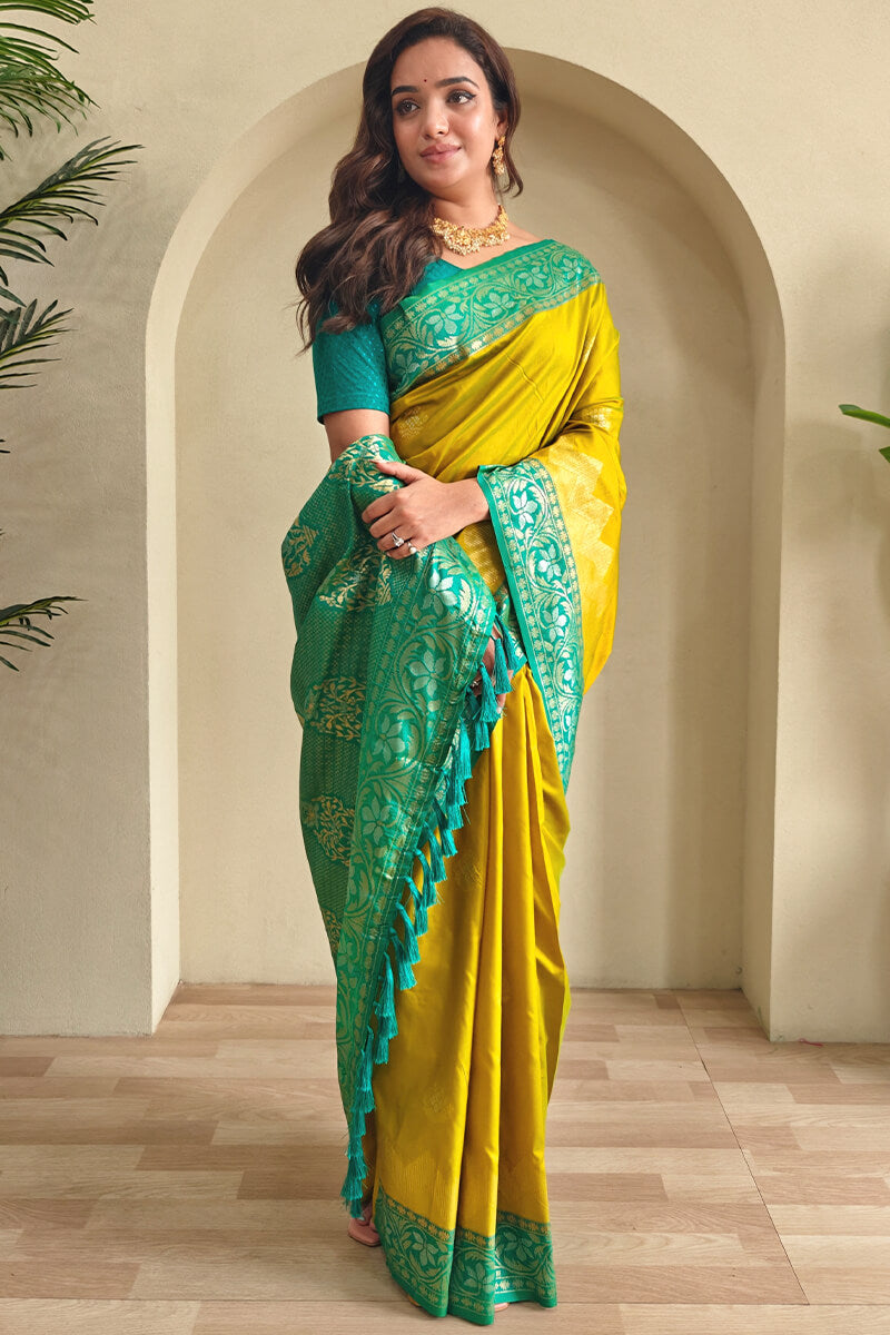 Petrichor Mustard Soft Banarasi Silk Saree With Woebegone Blouse Piece