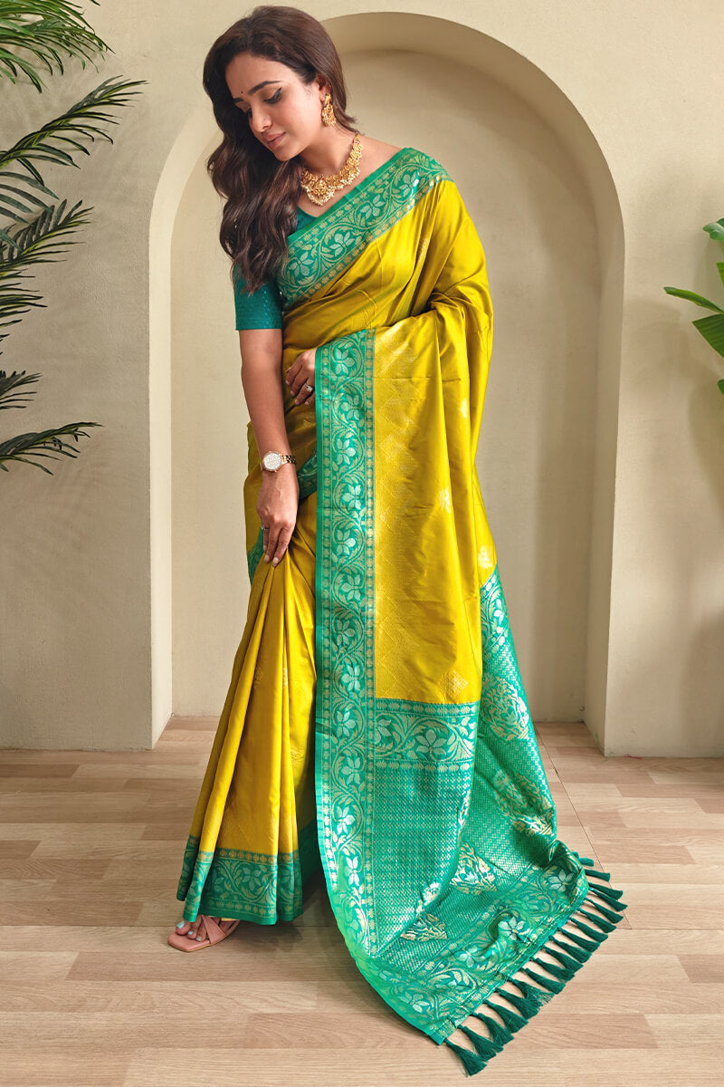 Petrichor Mustard Soft Banarasi Silk Saree With Woebegone Blouse Piece