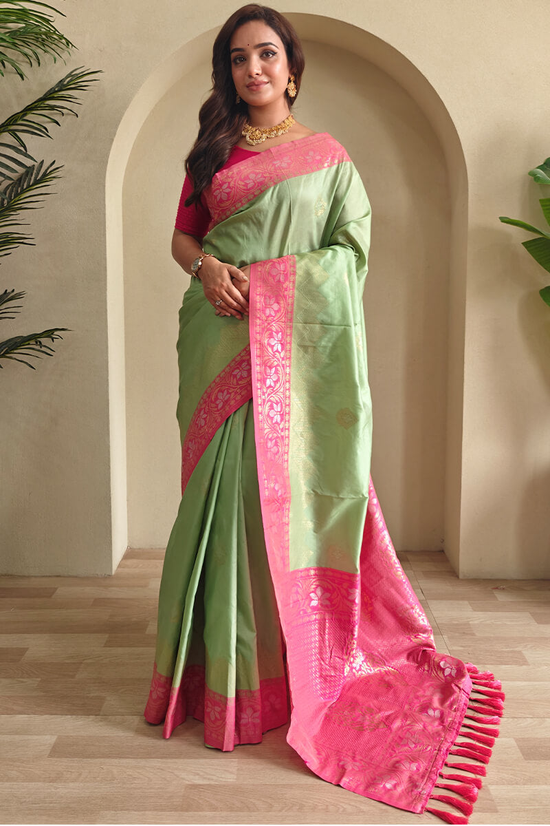 Felicitous Pista Soft Banarasi Silk Saree With Tempting Blouse Piece