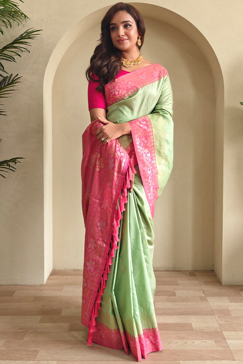 Felicitous Pista Soft Banarasi Silk Saree With Tempting Blouse Piece