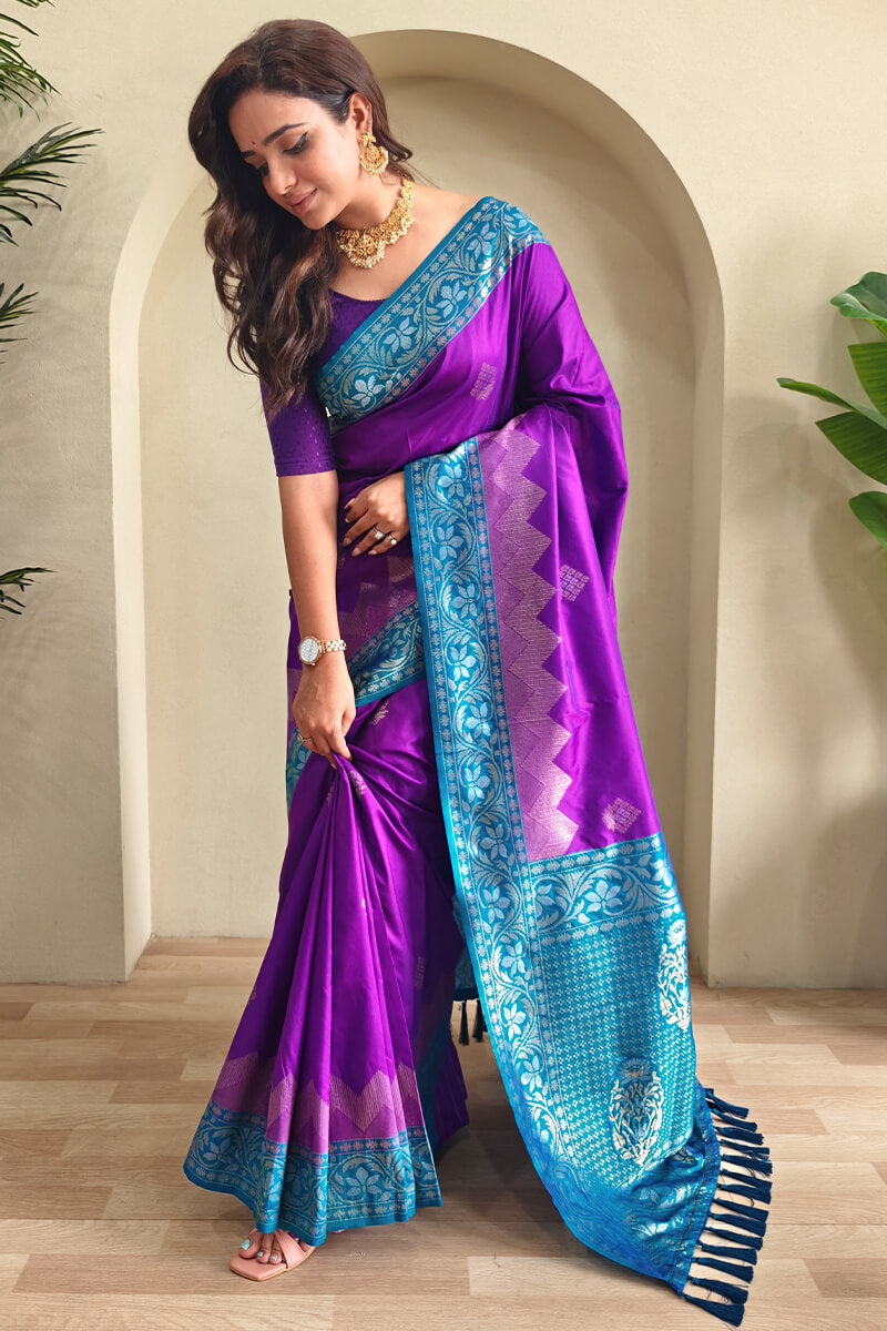 Enigmatic Purple Soft Banarasi Silk Saree With Panache Blouse Piece