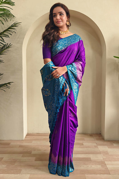 Enigmatic Purple Soft Banarasi Silk Saree With Panache Blouse Piece
