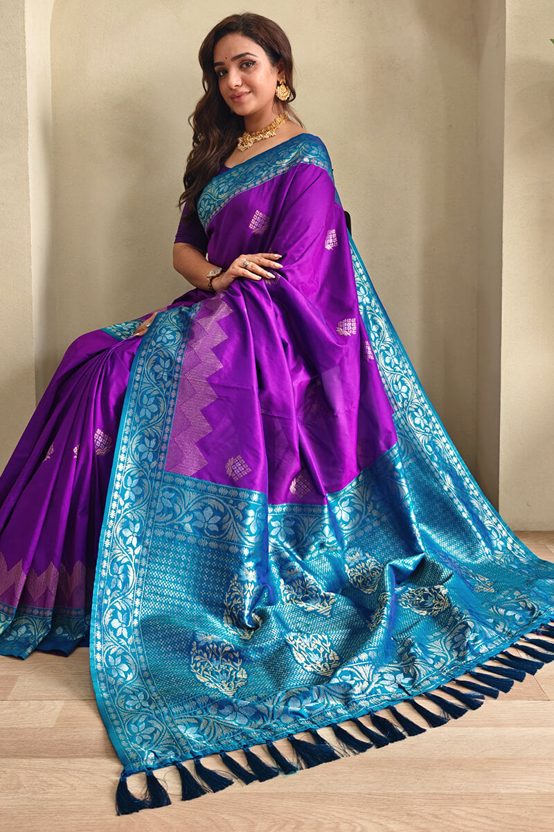 Enigmatic Purple Soft Banarasi Silk Saree With Panache Blouse Piece