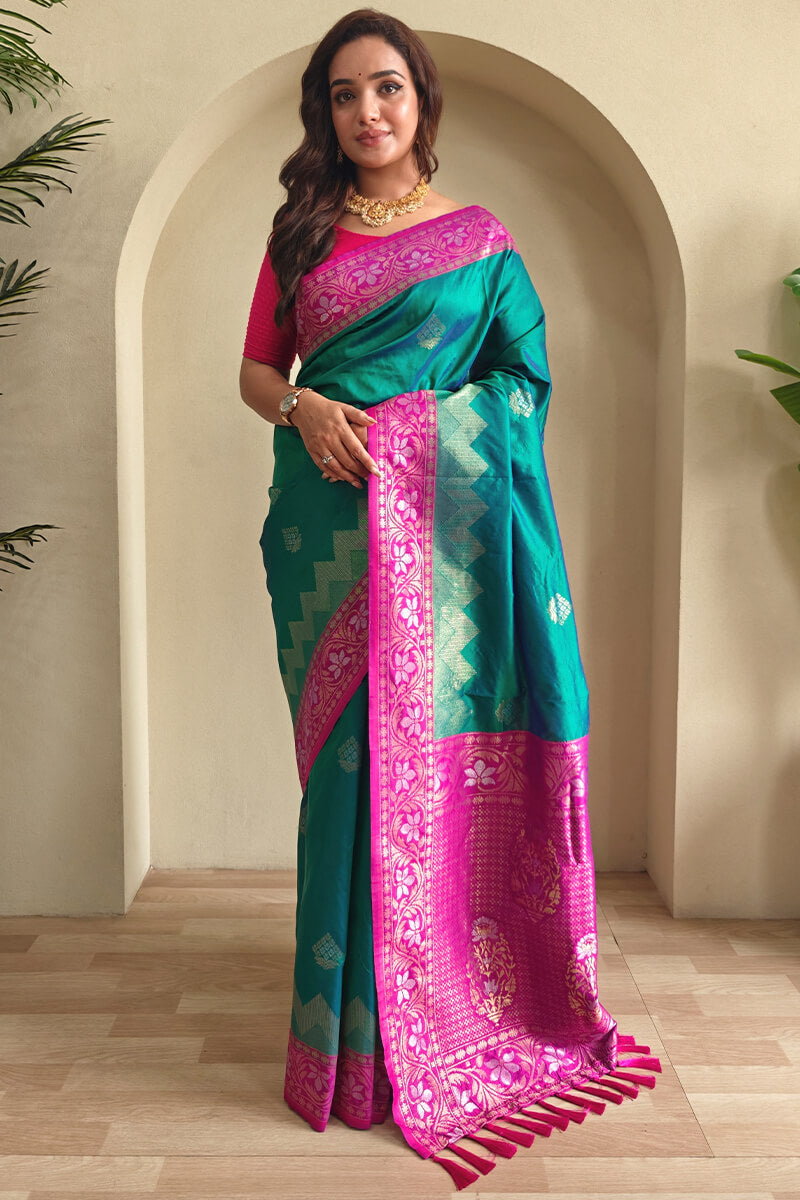 Luminous Rama Soft Banarasi Silk Saree With Ethereal Blouse Piece