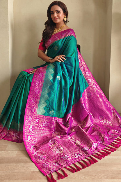 Luminous Rama Soft Banarasi Silk Saree With Ethereal Blouse Piece