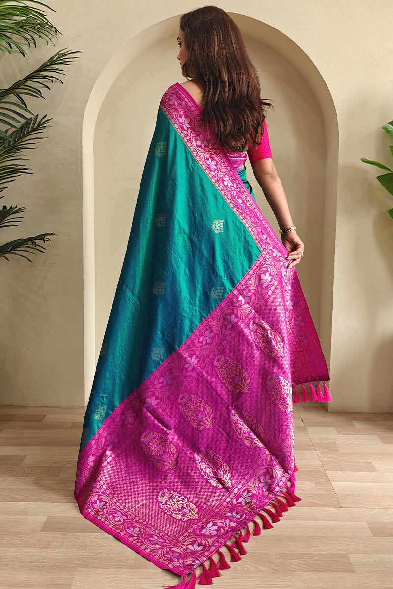 Luminous Rama Soft Banarasi Silk Saree With Ethereal Blouse Piece