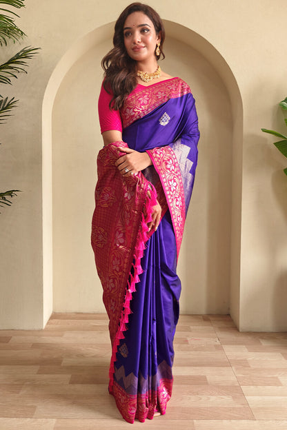 Nebula Royal Blue Soft Banarasi Silk Saree With Eclat Blouse Piece