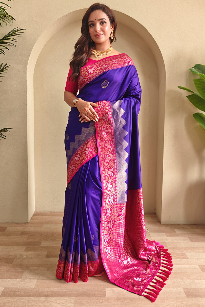 Nebula Royal Blue Soft Banarasi Silk Saree With Eclat Blouse Piece
