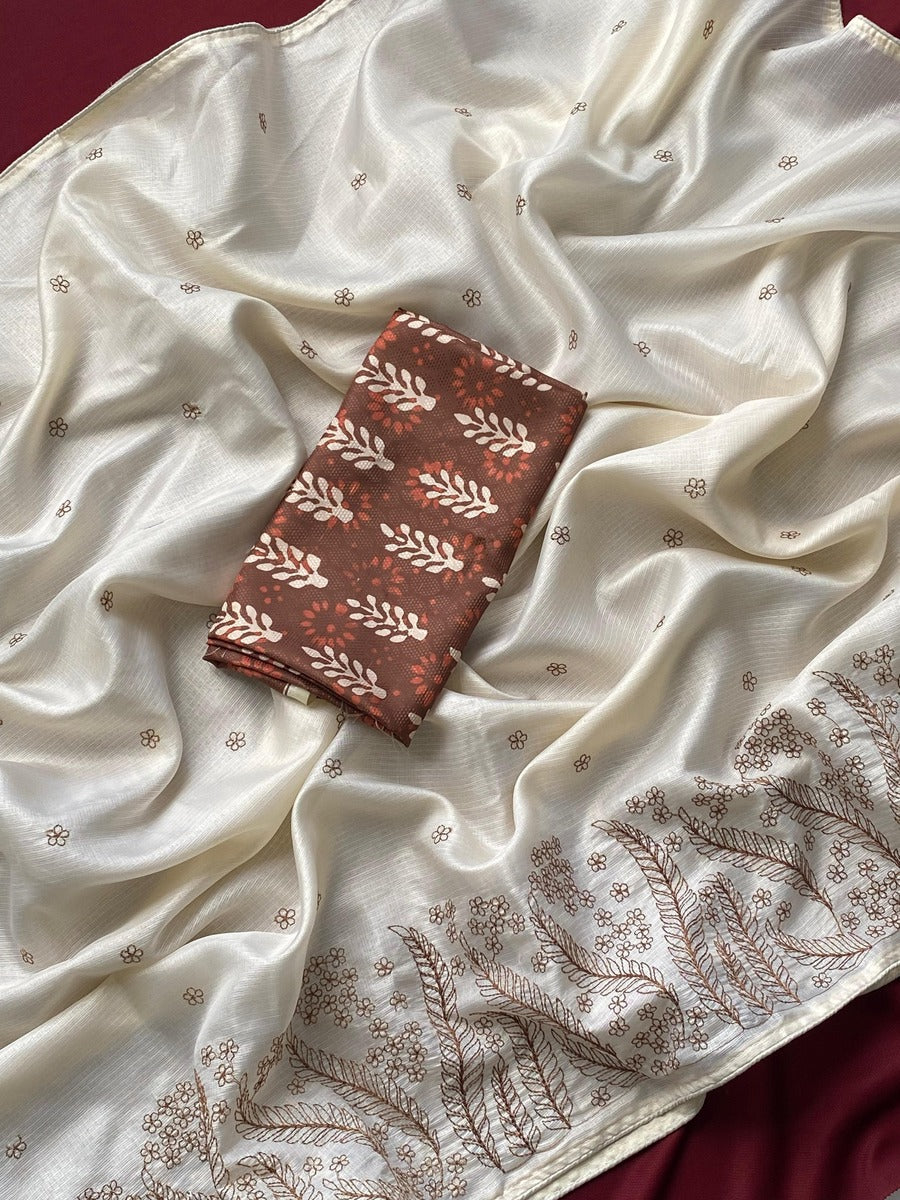 Designer Beige Embroidery Work Kota Silk Saree With Beauteous Blouse Piece