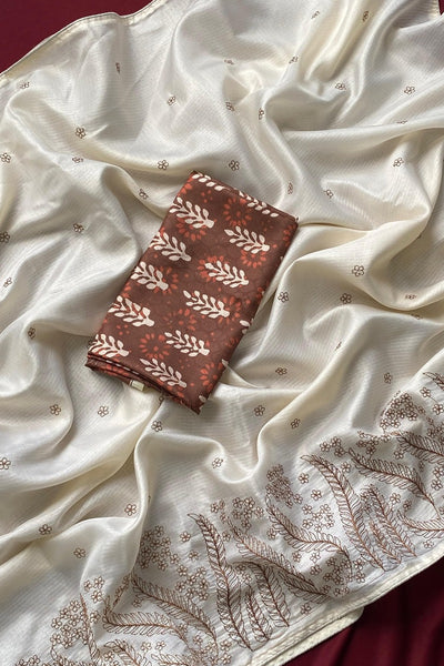 Designer Beige Embroidery Work Kota Silk Saree With Beauteous Blouse Piece