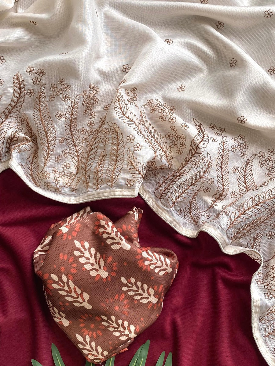 Designer Beige Embroidery Work Kota Silk Saree With Beauteous Blouse Piece