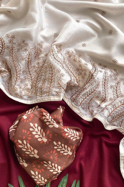 Designer Beige Embroidery Work Kota Silk Saree With Beauteous Blouse Piece