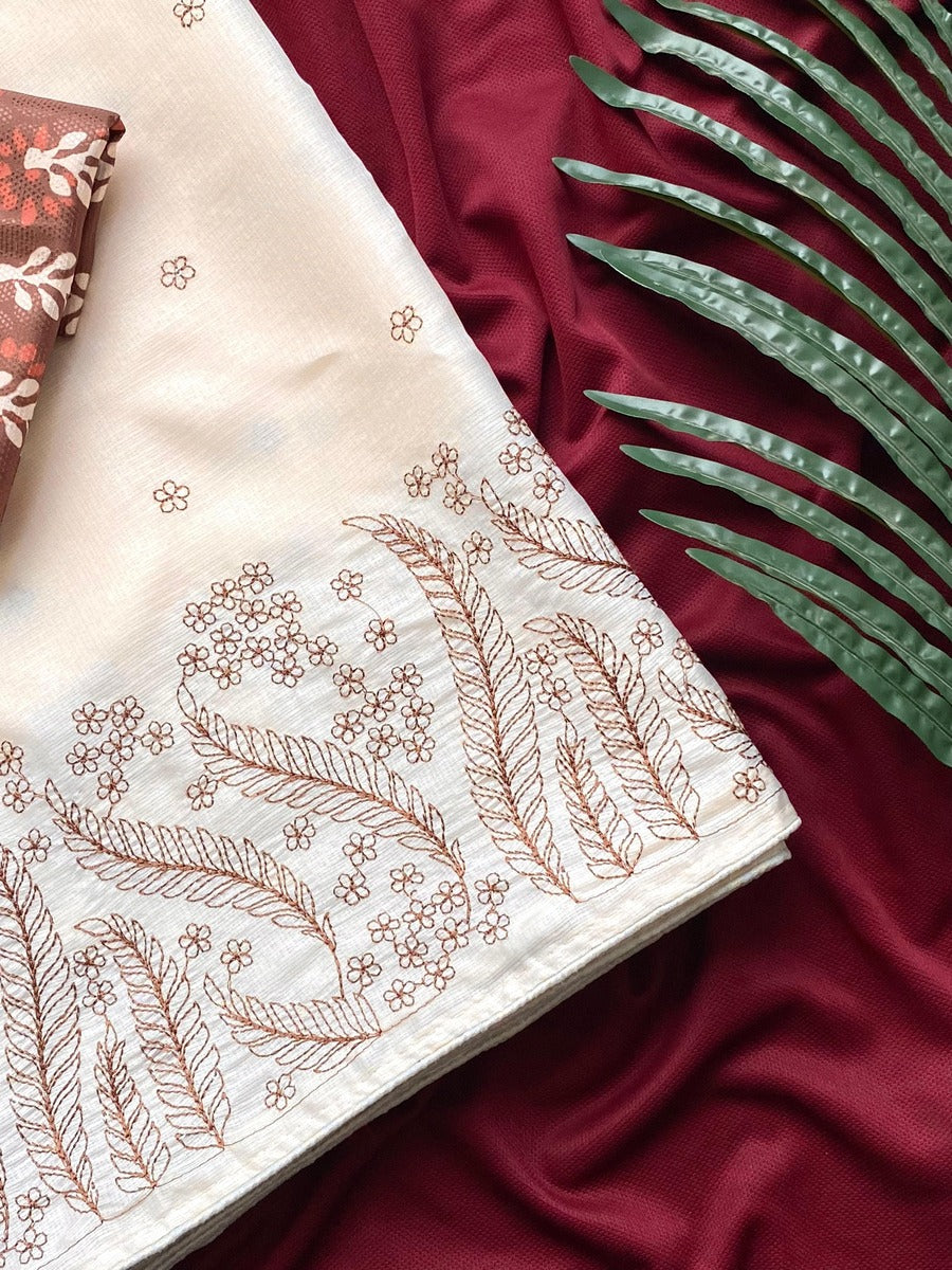 Designer Beige Embroidery Work Kota Silk Saree With Beauteous Blouse Piece