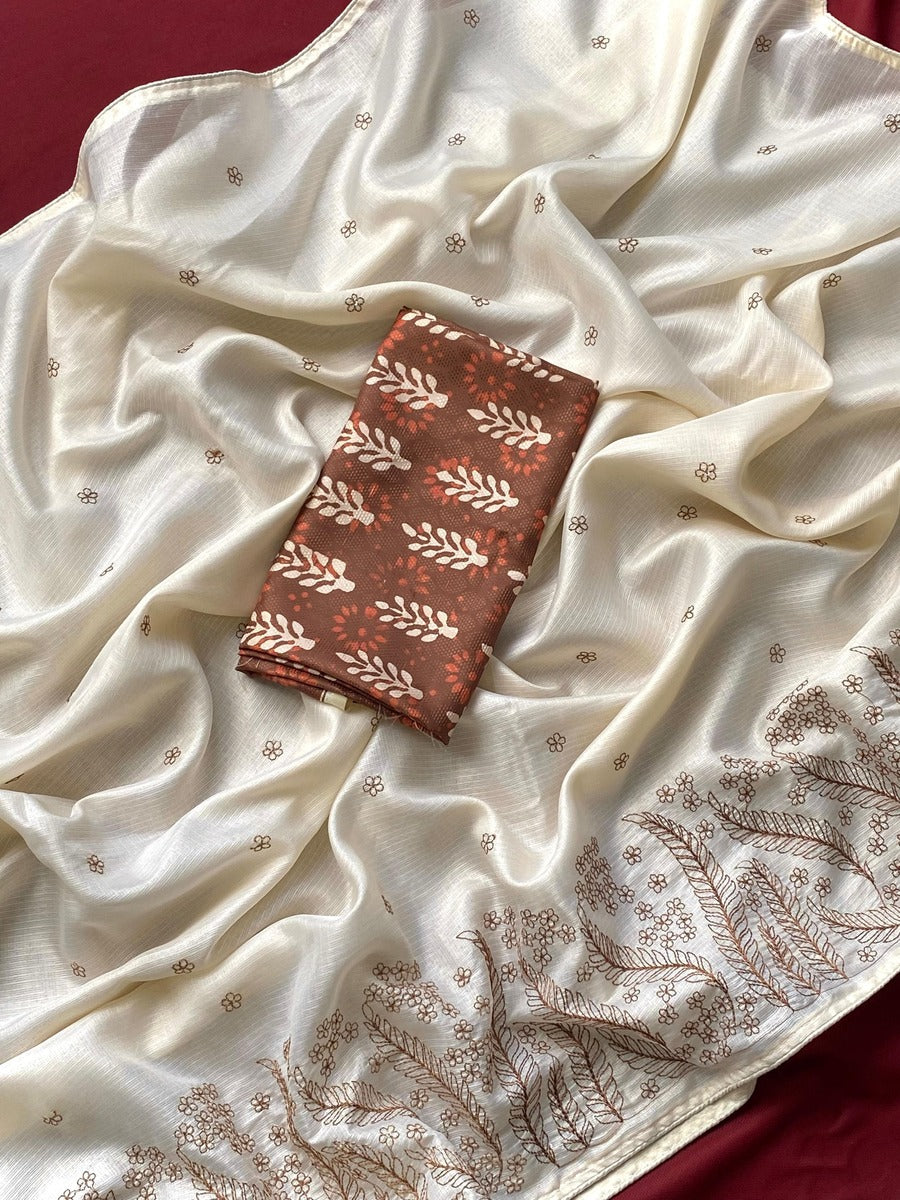 Designer Beige Embroidery Work Kota Silk Saree With Beauteous Blouse Piece