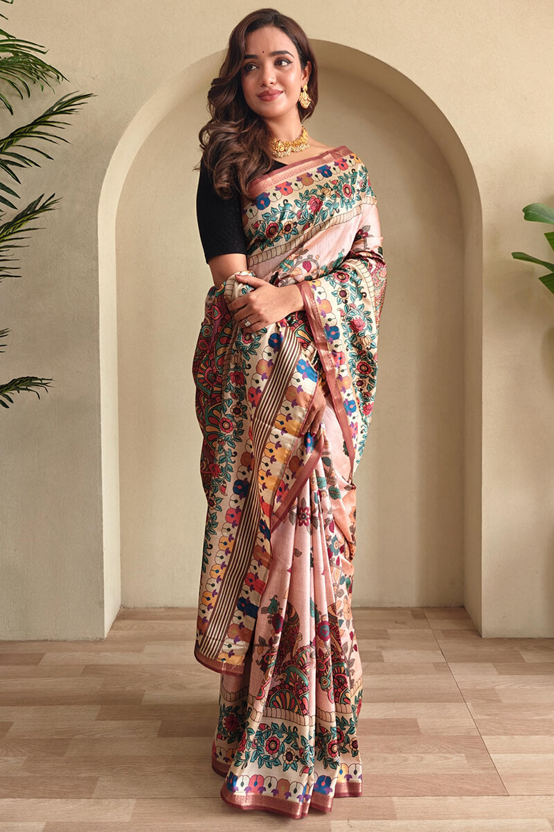 Girlish Baby Pink Soft Silk Kalamkari Printed Saree With Murmurous Blouse Piece