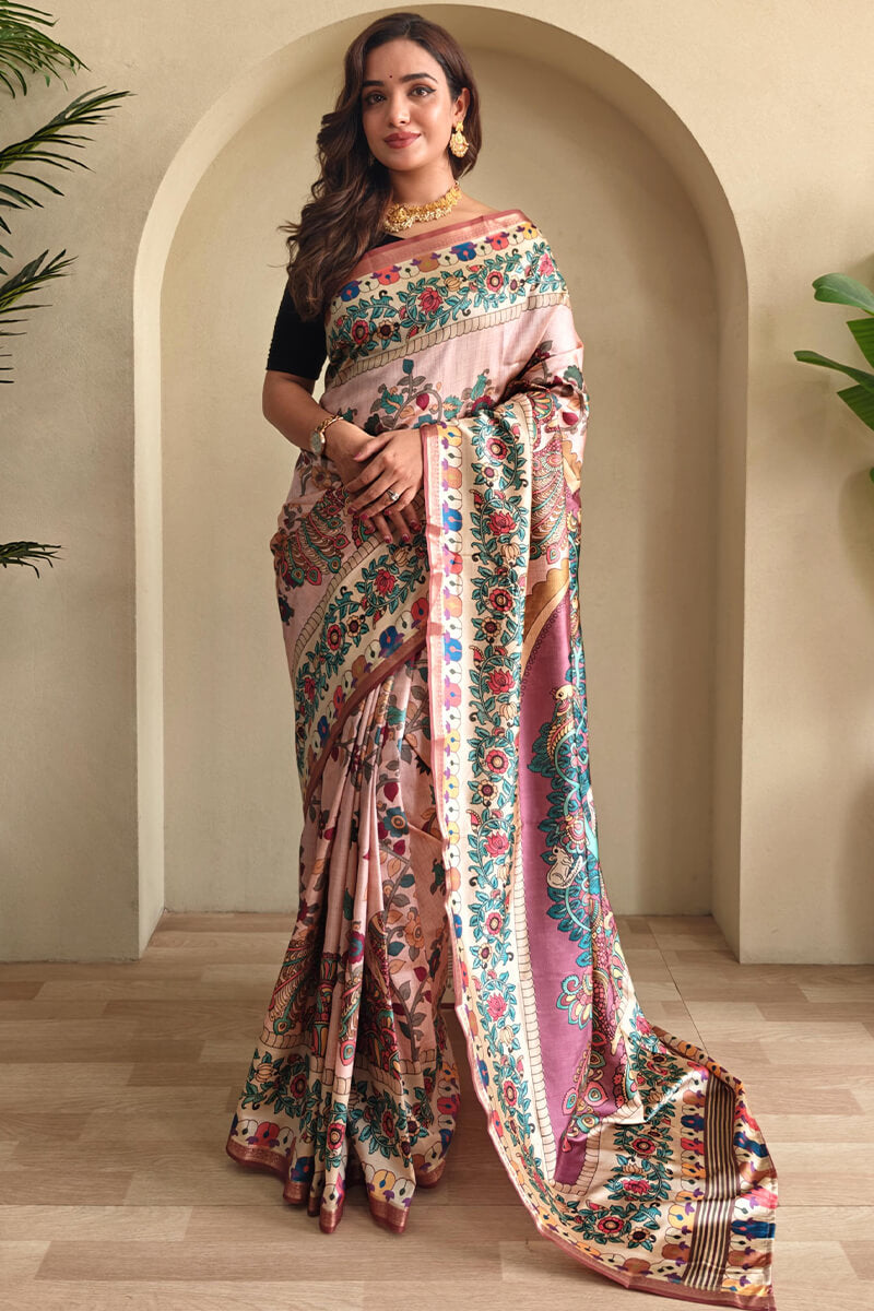 Girlish Baby Pink Soft Silk Kalamkari Printed Saree With Murmurous Blouse Piece
