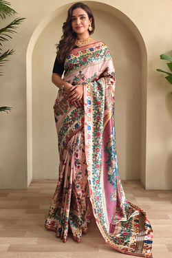 Girlish Baby Pink Soft Silk Kalamkari Printed Saree With Murmurous Blouse Piece